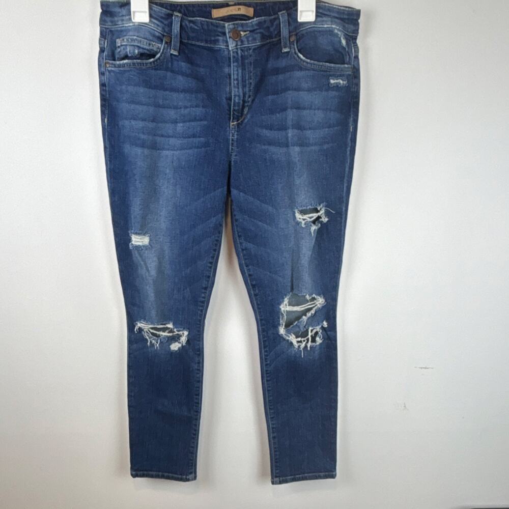 Joes Jeans Womens 31 Blue Tapered Ankle Medium Wash Distressed Ripped Knee 27L